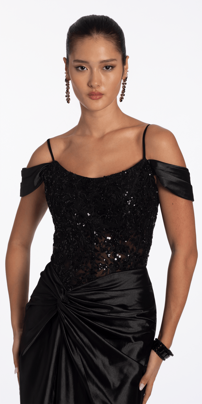 Camille La Vie Embroidered Sequin Satin Off the Shoulder Twist Knot Trumpet Dress