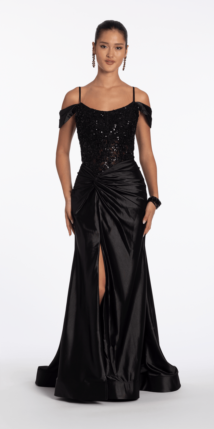 Camille La Vie Embroidered Sequin Satin Off the Shoulder Twist Knot Trumpet Dress