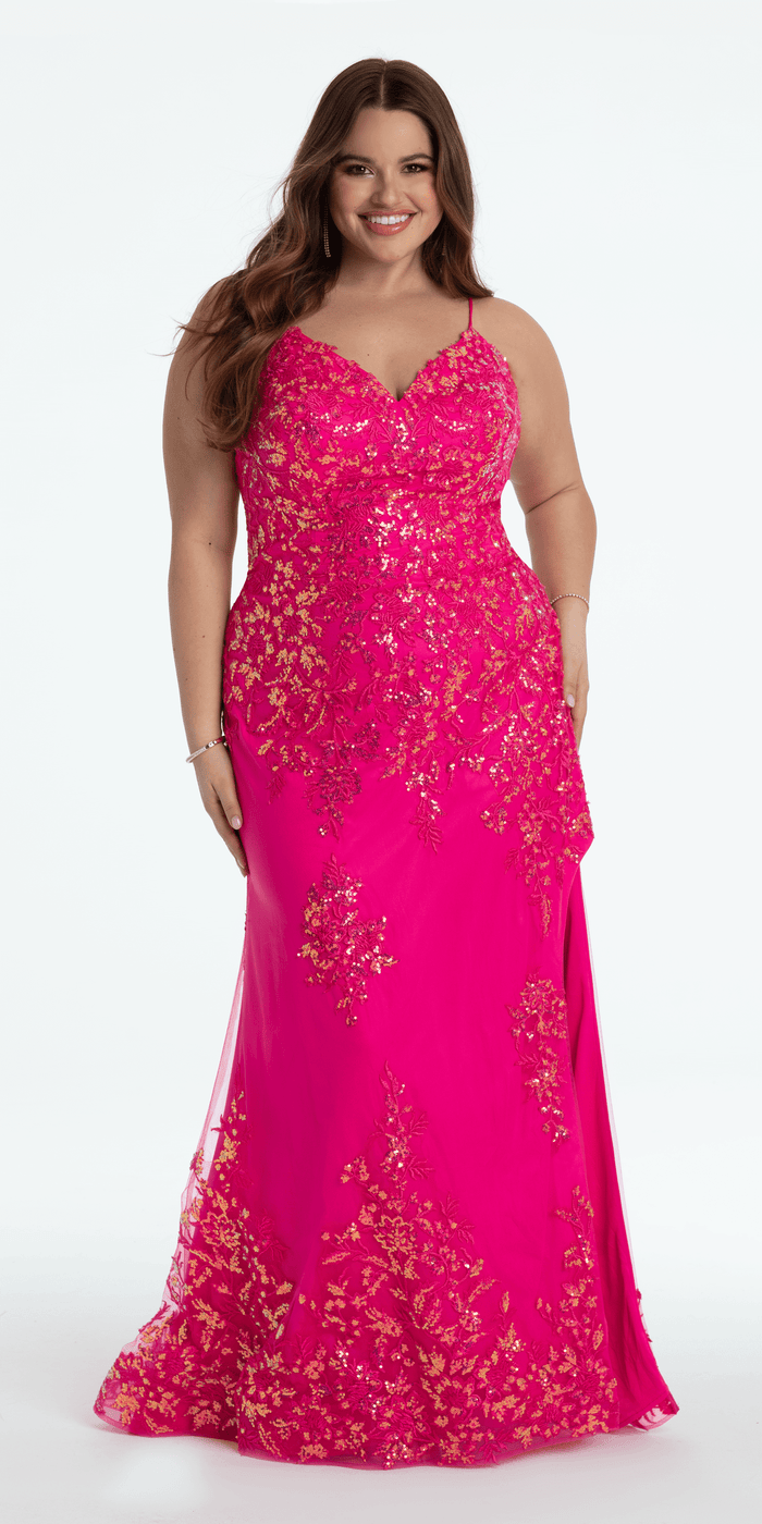 fuchsia/size/14/plus/Camille La Vie Embroidered Sequin Sweetheart Corset Column Dress with Side Slit/front