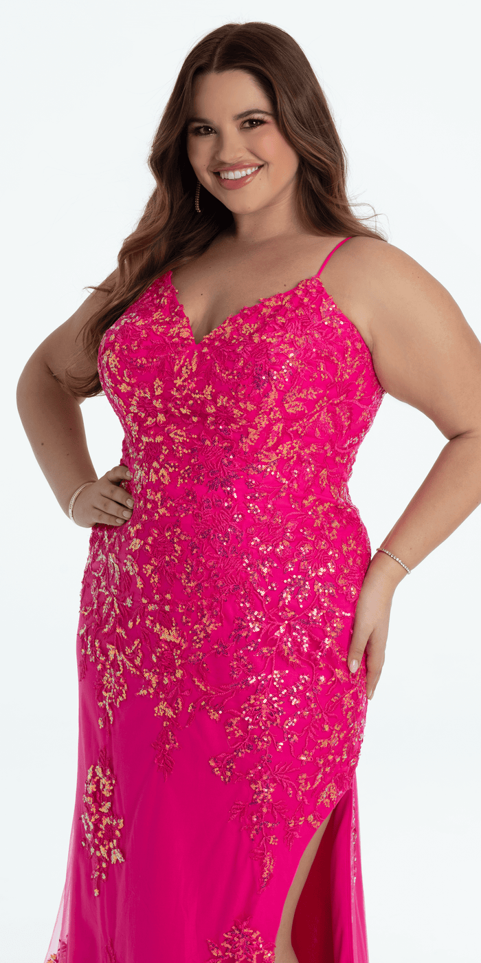fuchsia/size/14/plus/Camille La Vie Embroidered Sequin Sweetheart Corset Column Dress with Side Slit/close up
