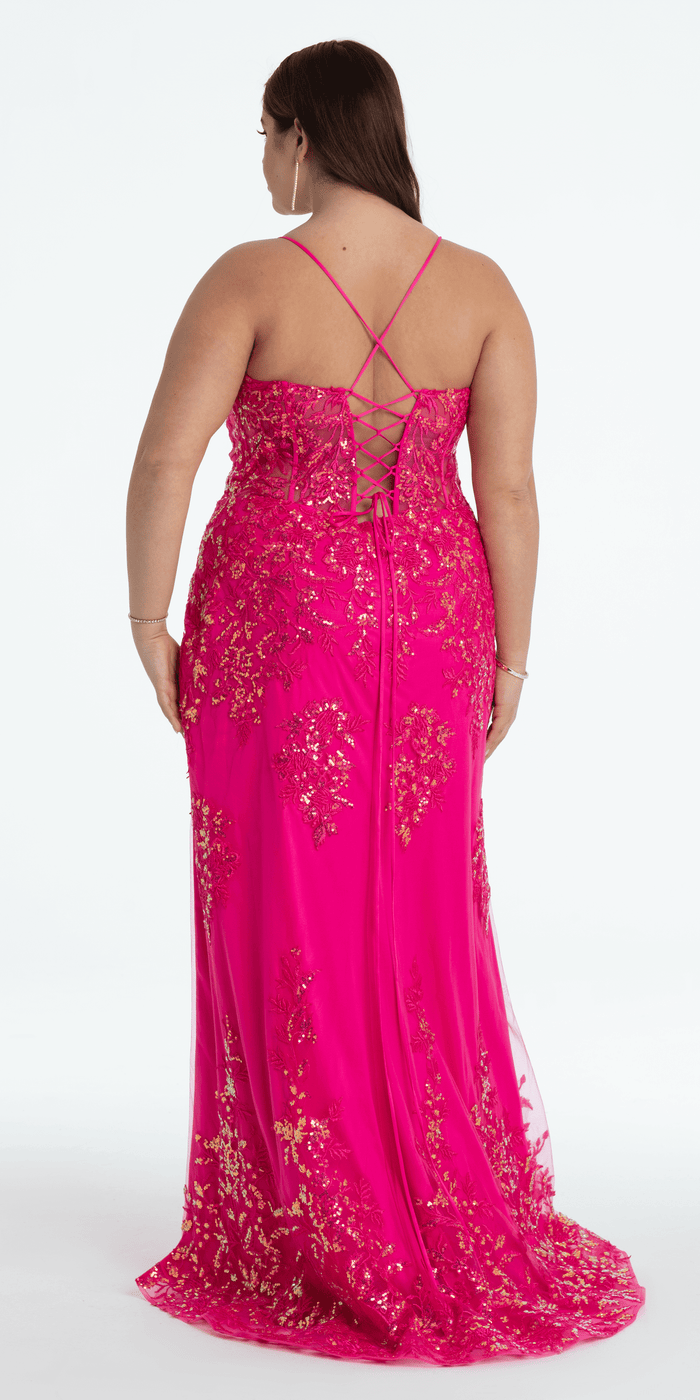 fuchsia/size/14/plus/Camille La Vie Embroidered Sequin Sweetheart Corset Column Dress with Side Slit/back