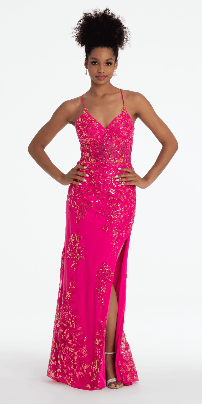 fuchsia/size/4/missy//Camille La Vie Embroidered Sequin Sweetheart Corset Column Dress with Side Slit/front alt
