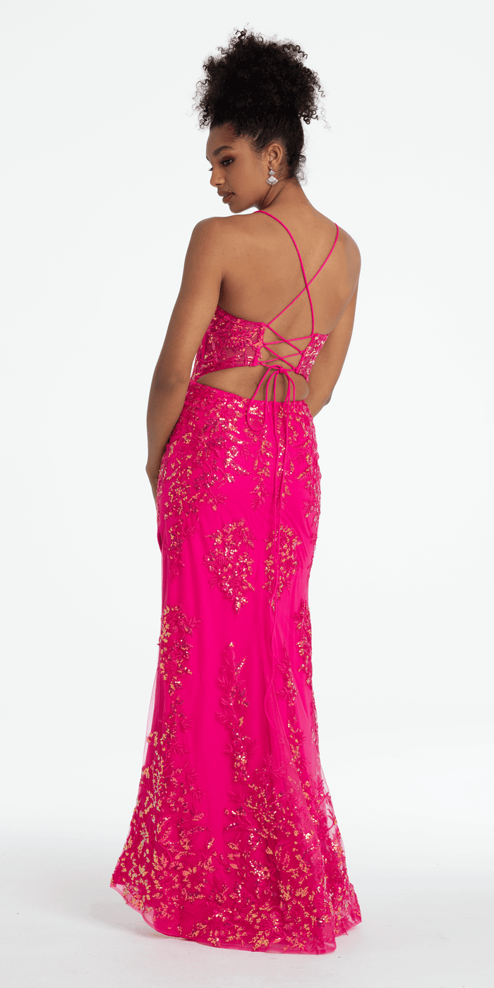fuchsia/size/4/missy//Camille La Vie Embroidered Sequin Sweetheart Corset Column Dress with Side Slit/back alt