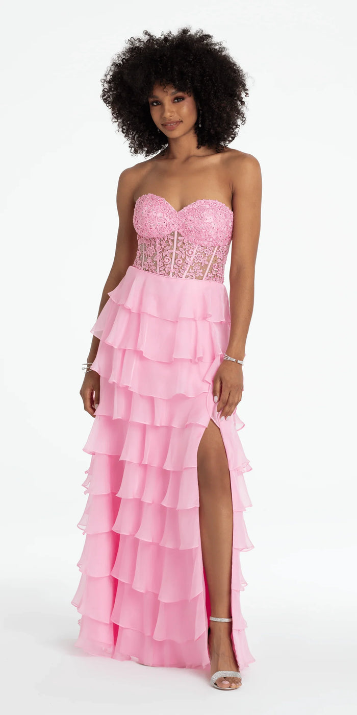 pink/size/4/missy/Camille La Vie/Embroidered Strapless Chiffon Tiered Corset Ballgown/front