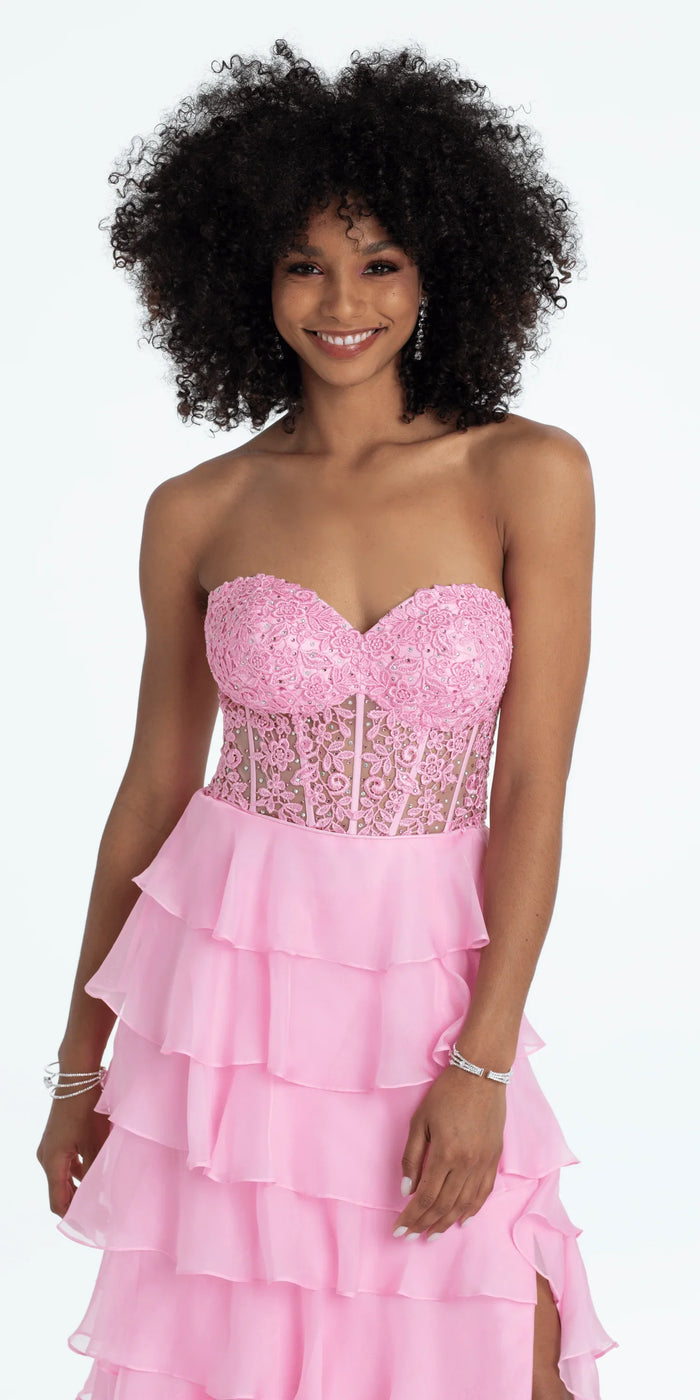 pink/size/4/missy/Camille La Vie/Embroidered Strapless Chiffon Tiered Corset Ballgown/close up