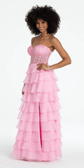 pink/size/4/missy/Camille La Vie/Embroidered Strapless Chiffon Tiered Corset Ballgown/side