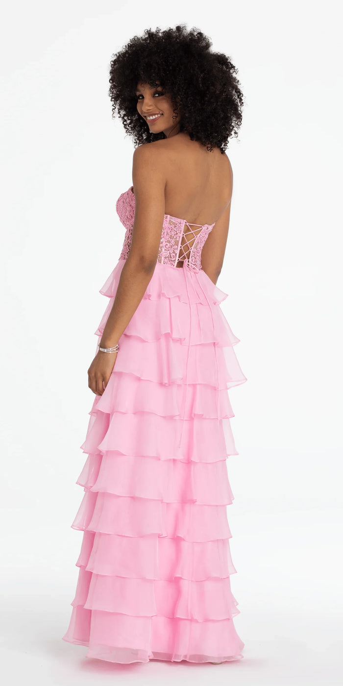 pink/size/4/missy/Camille La Vie/Embroidered Strapless Chiffon Tiered Corset Ballgown/back