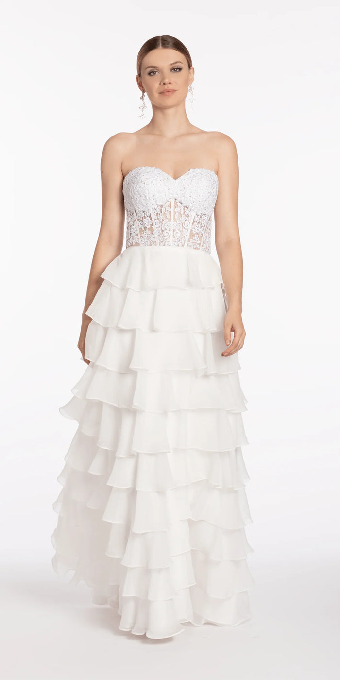 ivory/size/4/missy/Camille La Vie/Embroidered Strapless Chiffon Tiered Corset Ballgown/front