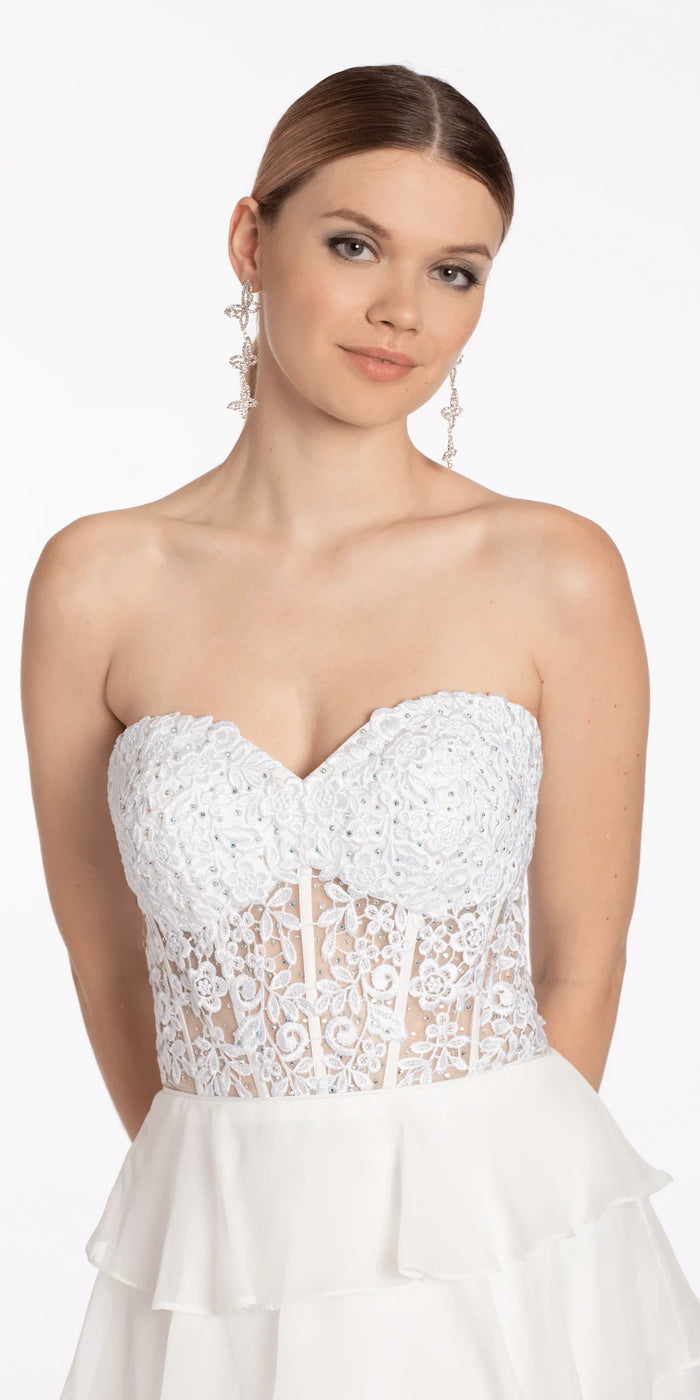 ivory/size/4/missy/Camille La Vie/Embroidered Strapless Chiffon Tiered Corset Ballgown/close up