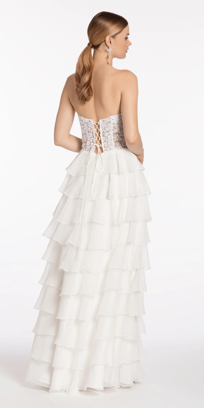 ivory/size/4/missy/Camille La Vie/Embroidered Strapless Chiffon Tiered Corset Ballgown/back