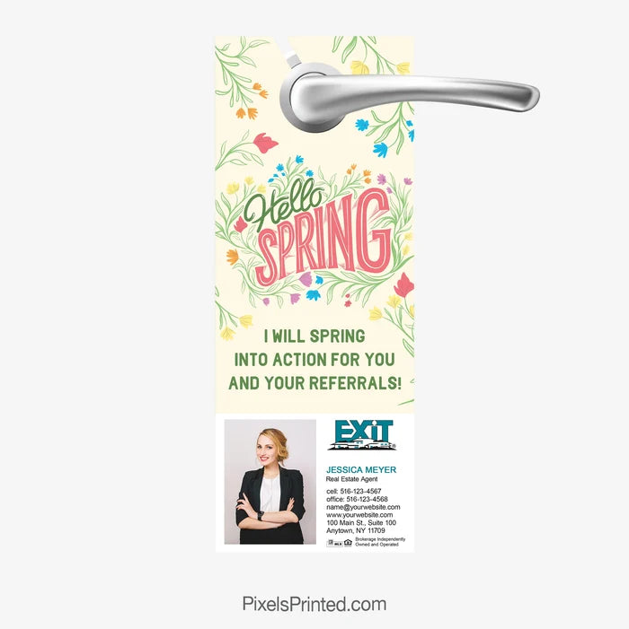 Hello spring real estate door hanger for seasonal outreach for EXIT realty realtors