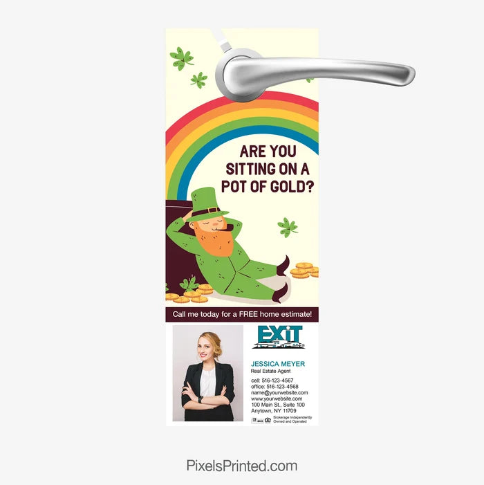 EXIT Realty St. Patrick's Day door hanger asking Are you sitting on a pot of gold?