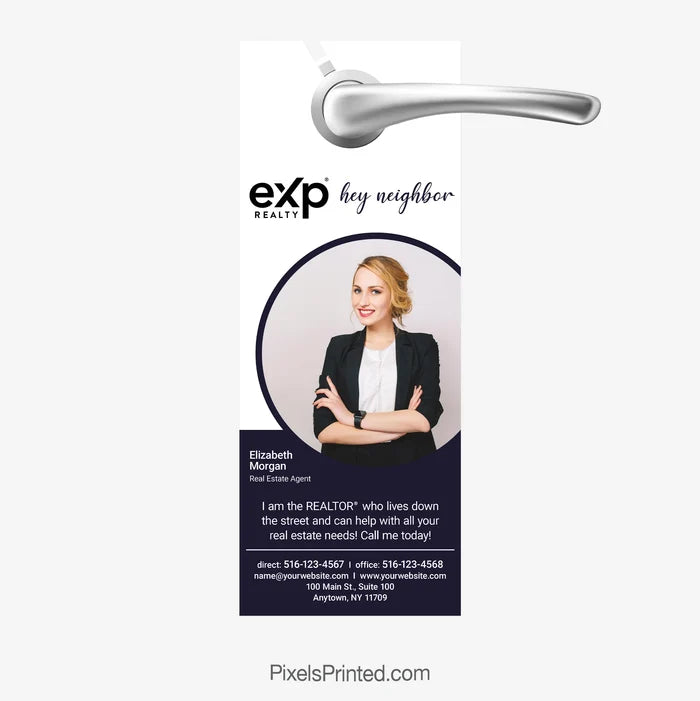 eXp Realty Hi Neighbor door hanger designed for real estate agents introducing themselves and farming a local neighborhood.