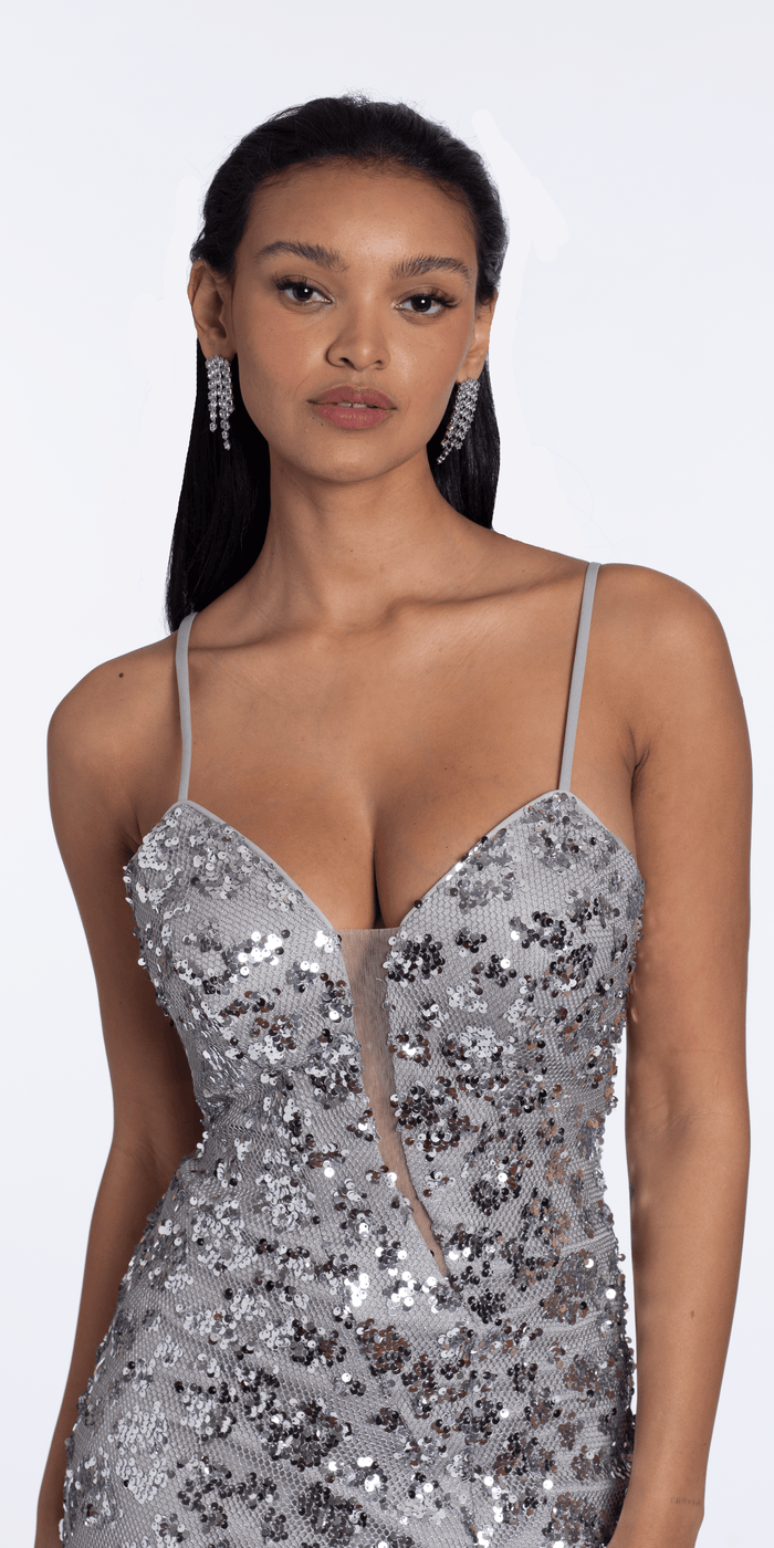 charcoal/size/4/missy/Camille La Vie/Fishnet Asymmetric Plunge Sequin Column Dress/close up