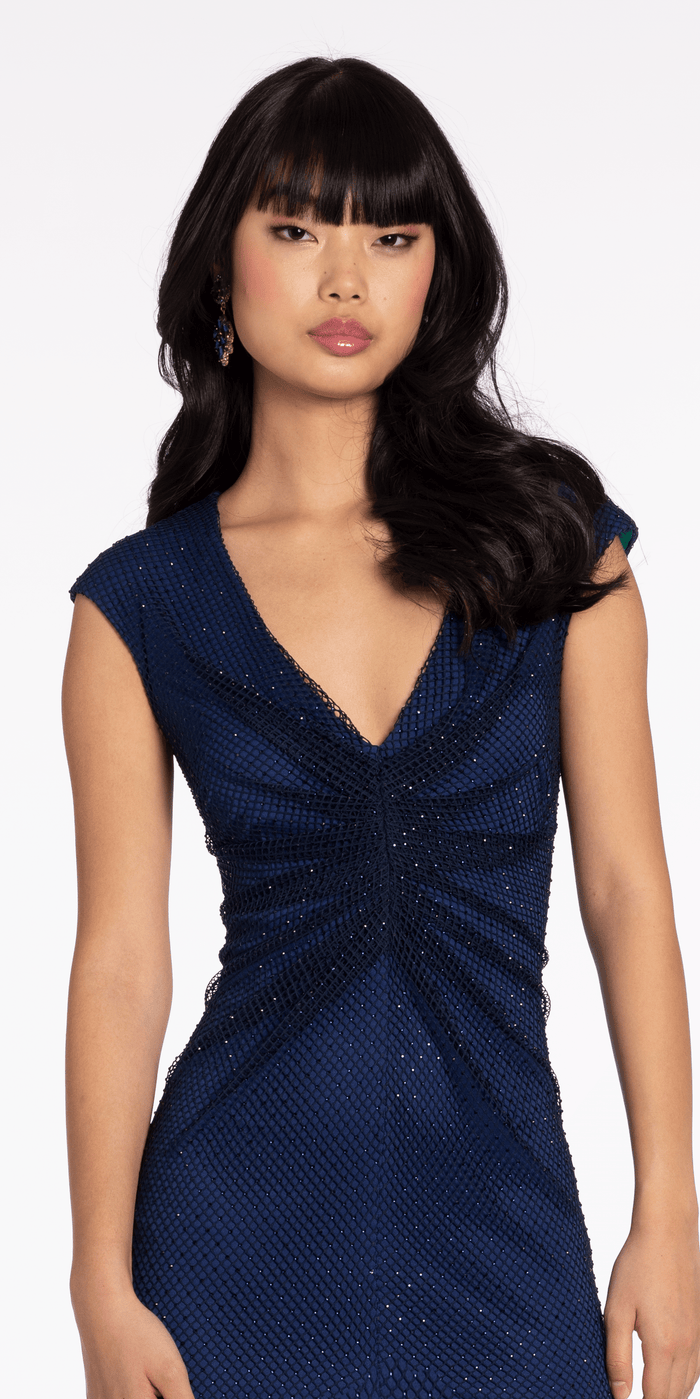 Fishnet Cap Sleeve V Neck Column Dress with Front Slit - Camille La Vie