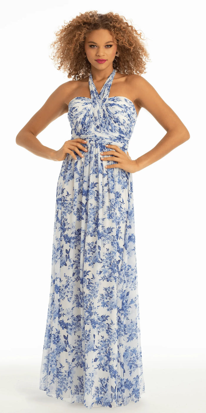 white-blue/size/4/missy/Camille La Vie/Floral Chiffon A Line Halter Dress/front