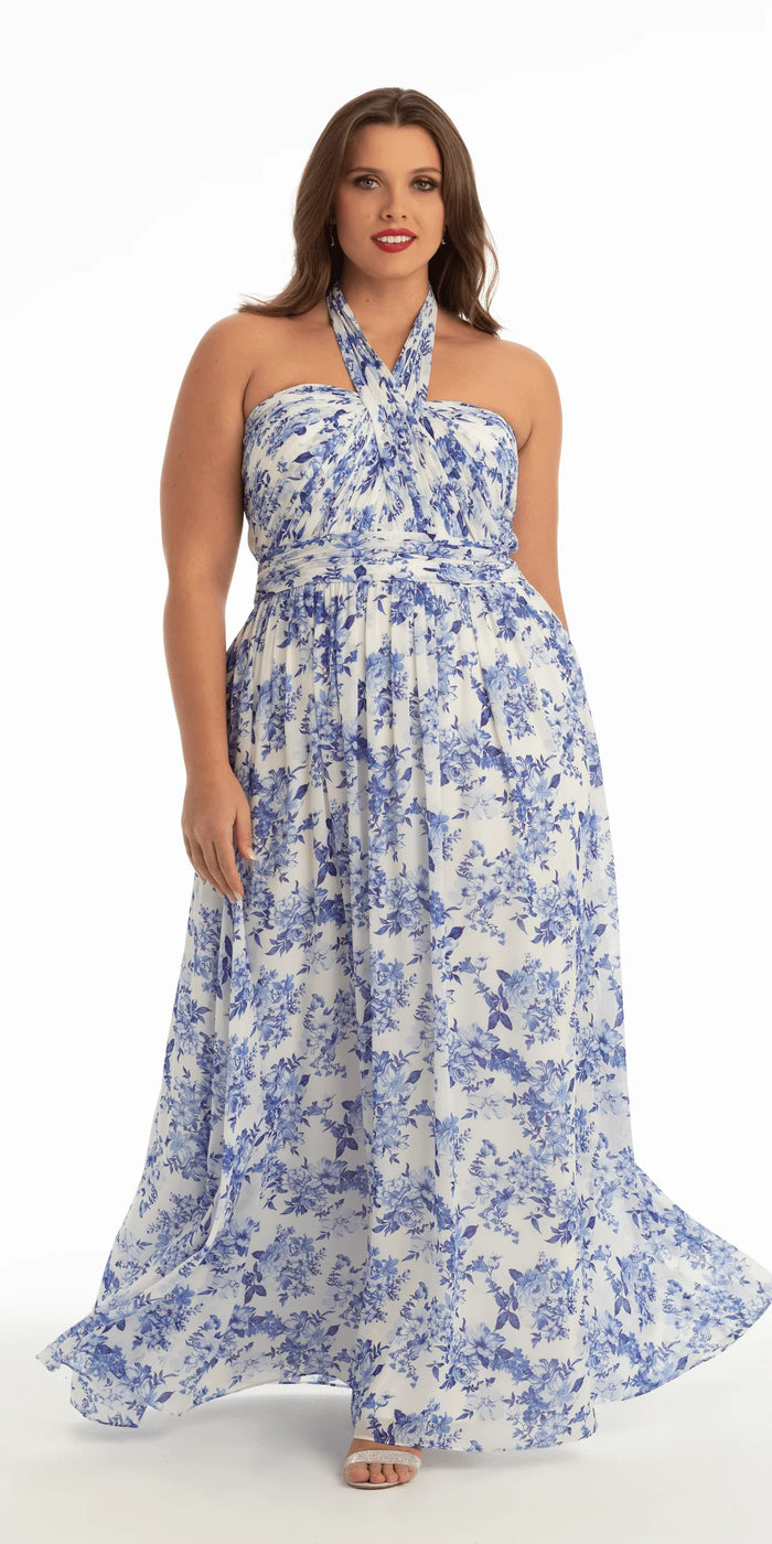 white/blue/size/14/plus/Camille La Vie/Floral Chiffon A Line Halter Dress/front