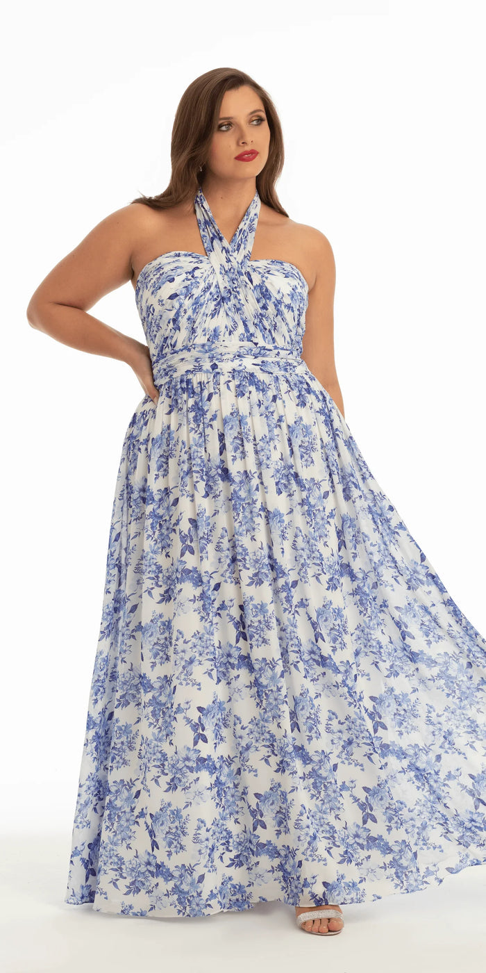 white/blue/size/14/plus/Camille La Vie/Floral Chiffon A Line Halter Dress/front alt 2