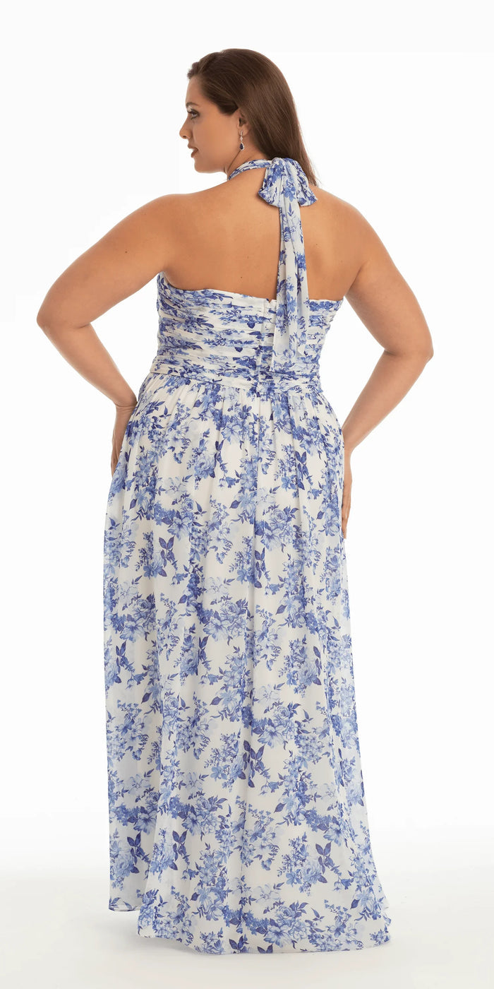 white/blue/size/14/plus/Camille La Vie/Floral Chiffon A Line Halter Dress/back