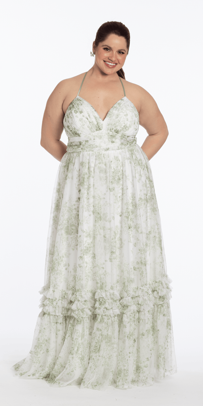 ivory-sage/size/14/plus/Camille La Vie/Floral Mesh Strappy Back Halter A Line Dress with Ruffle Tiered Hem /front