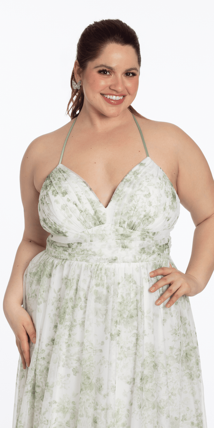 ivory-sage/size/14/plus/Camille La Vie/Floral Mesh Strappy Back Halter A Line Dress with Ruffle Tiered Hem /close up