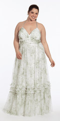 ivory-sage/size/14/plus/Camille La Vie/Floral Mesh Strappy Back Halter A Line Dress with Ruffle Tiered Hem /front alt