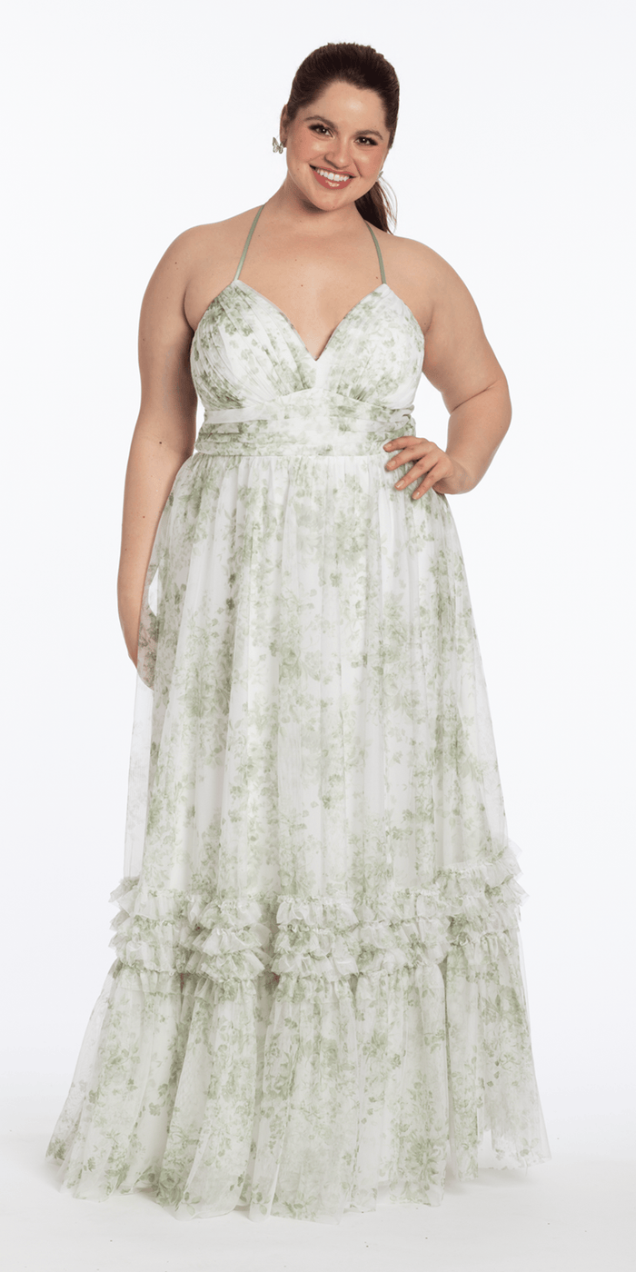 ivory-sage/size/14/plus/Camille La Vie/Floral Mesh Strappy Back Halter A Line Dress with Ruffle Tiered Hem/ front alt