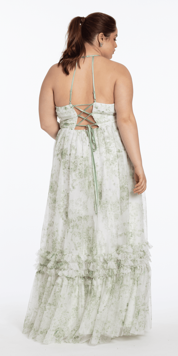 ivory-sage/size/14/plus/Camille La Vie/Floral Mesh Strappy Back Halter A Line Dress with Ruffle Tiered Hem /back