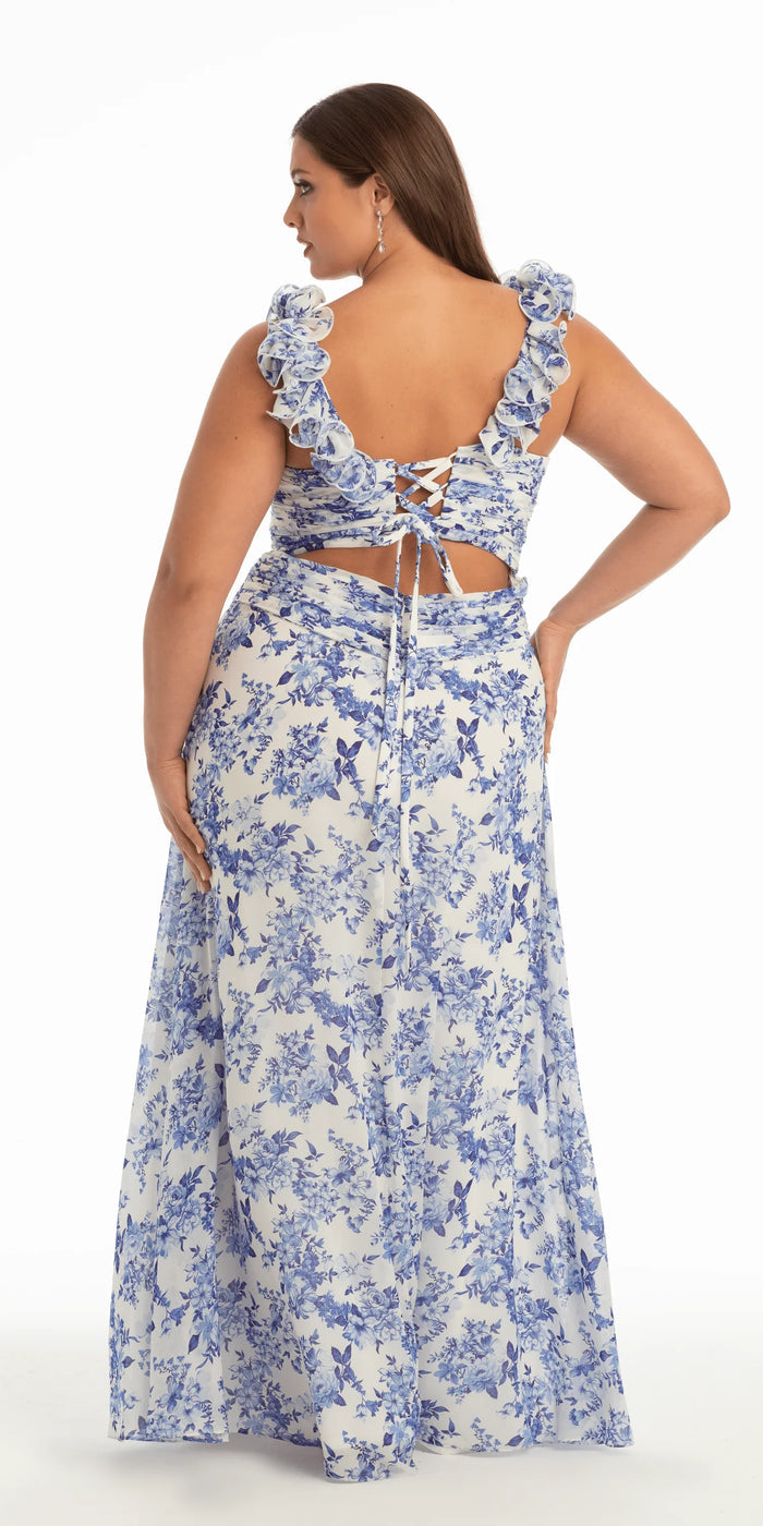 white-blue/size/14/plus/Camille La vie/Floral Print Chiffon Column Dress with Ruffle Shoulders/back