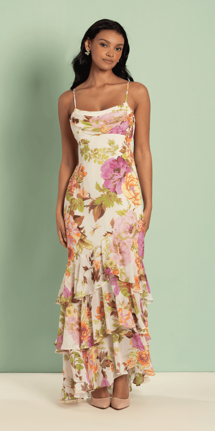 Floral Print Chiffon Drape Front Ruffle High-Low Dress - Camille La Vie