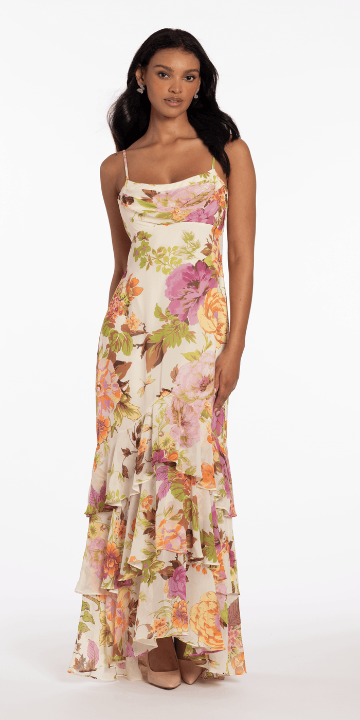 Floral Print Chiffon Drape Front Ruffle High-Low Dress - Camille La Vie