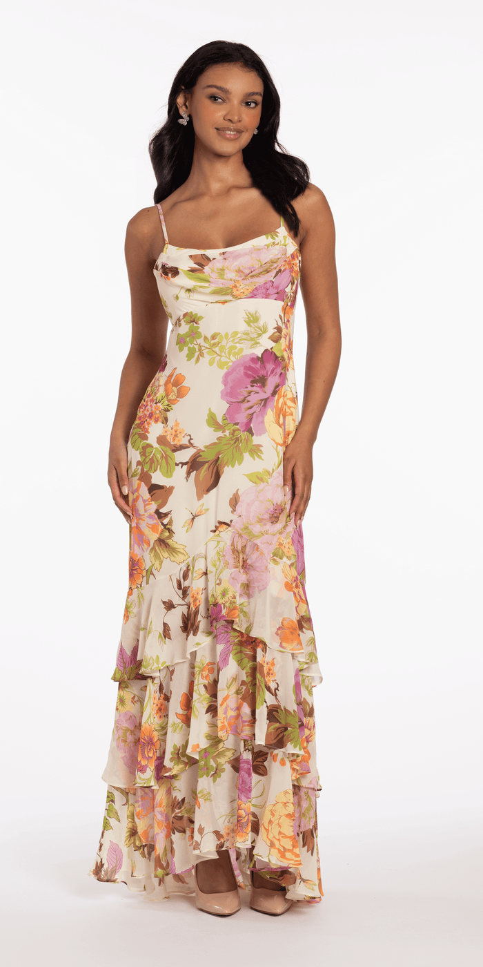 Floral Print Chiffon Drape Front Ruffle High-Low Dress - Camille La Vie