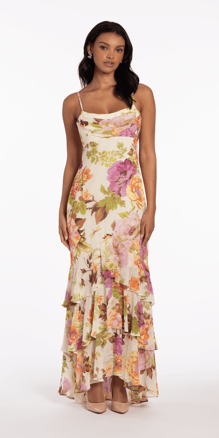 Floral Print Chiffon Drape Front Ruffle High-Low Dress - Camille La Vie
