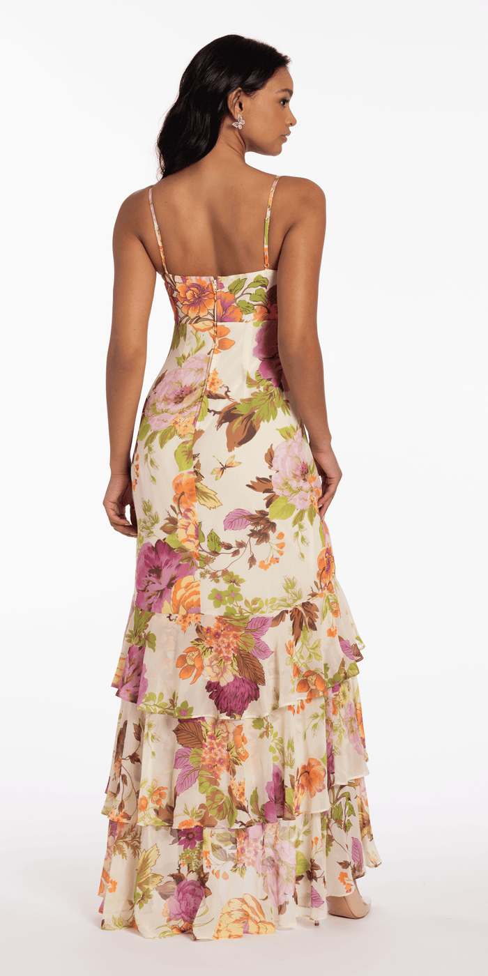 Floral Print Chiffon Drape Front Ruffle High-Low Dress - Camille La Vie