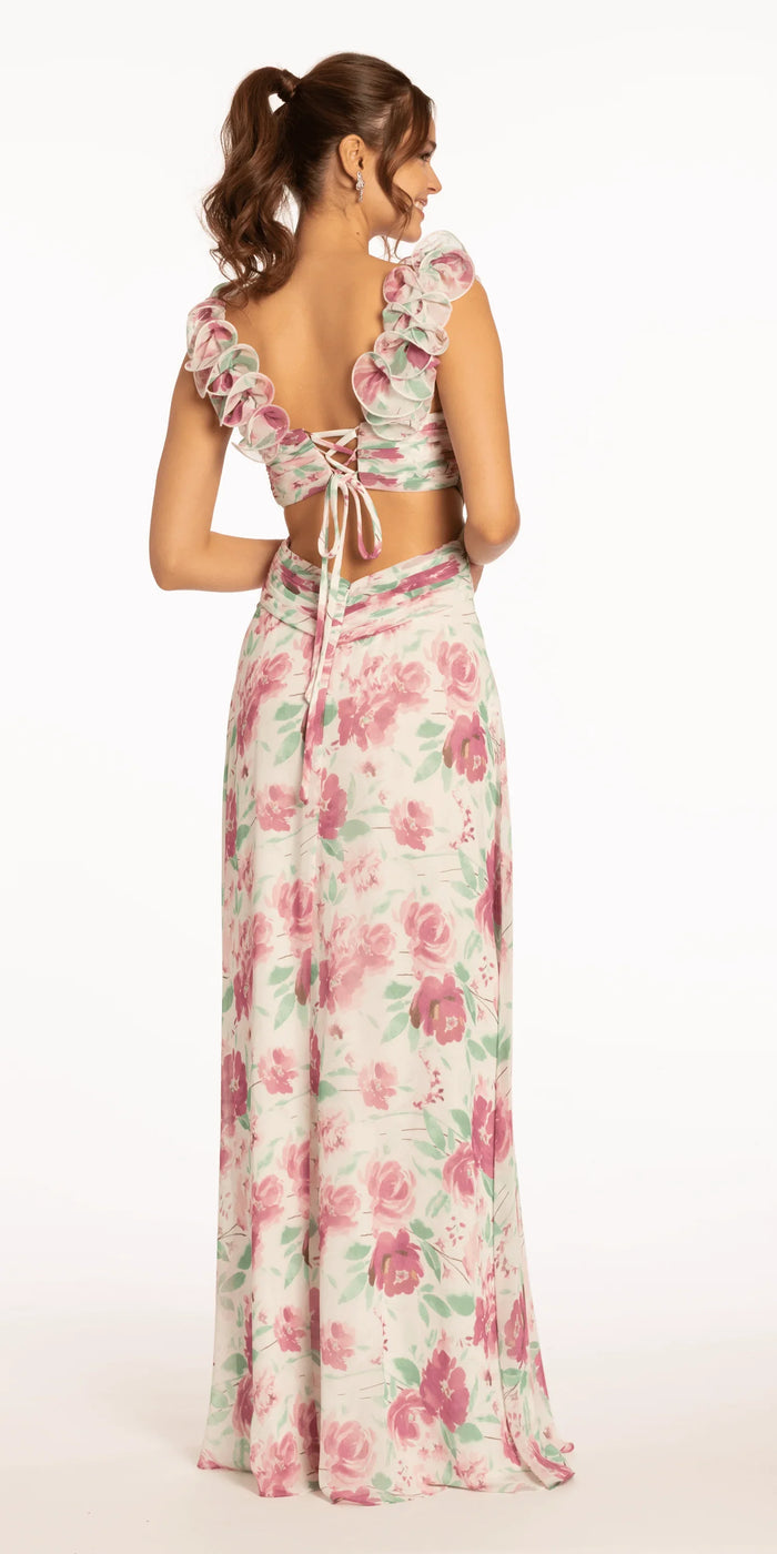 mulberry/size/4/missy/Camille La Vie/Floral Print Chiffon Lace Up Back Column Dress with Ruching/back