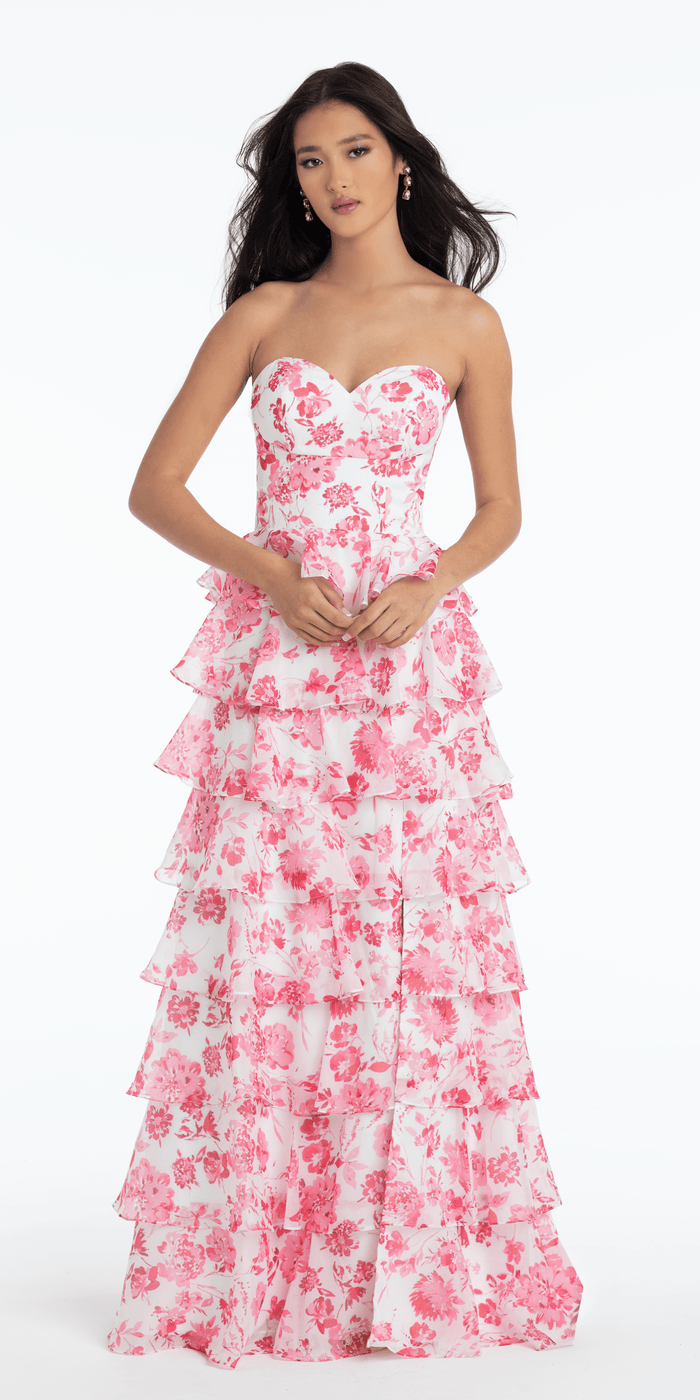 white-pink/size/4/missy/Camille La Vie/Floral Print Strapless Chiffon Tiered A Line Dress /front