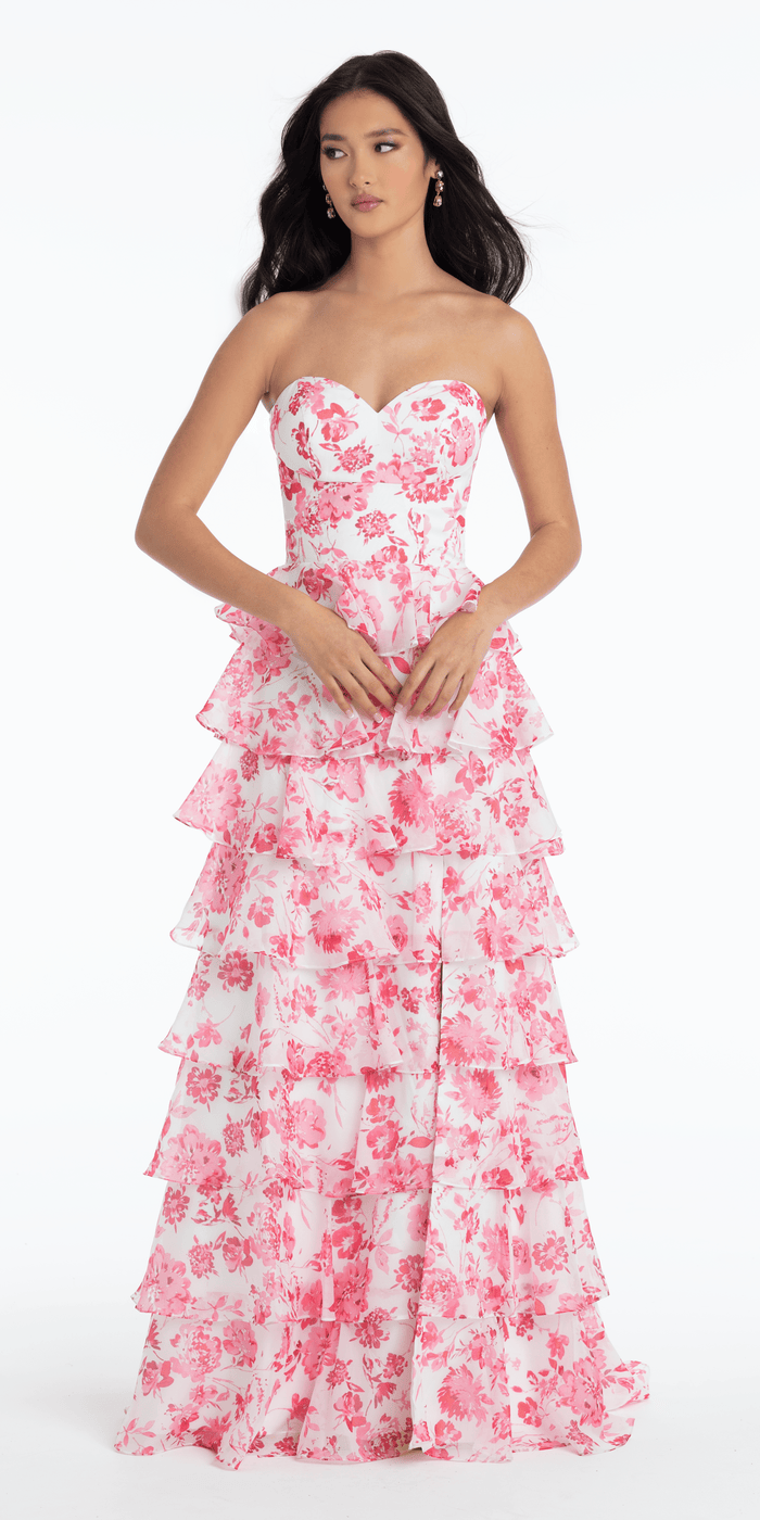 white-pink/size/4/missy/Camille La Vie/Floral Print Strapless Chiffon Tiered A Line Dress /front alt