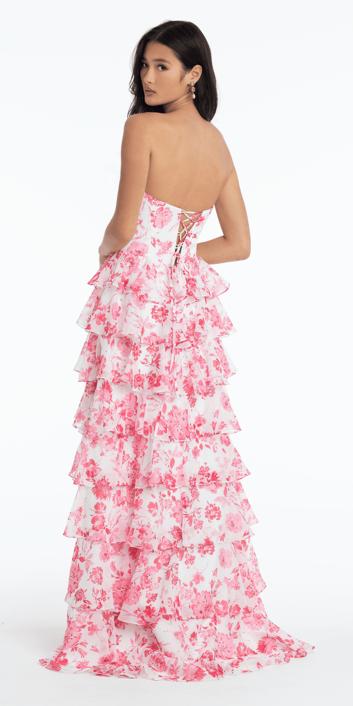 white-pink/size/4/missy/Camille La Vie/Floral Print Strapless Chiffon Tiered A Line Dress /back
