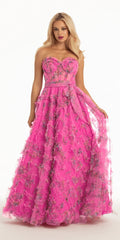 pink/size/4/missy/ Camille La Vie/ Floral Tulle Corset Ballgown with Waist Tie /front