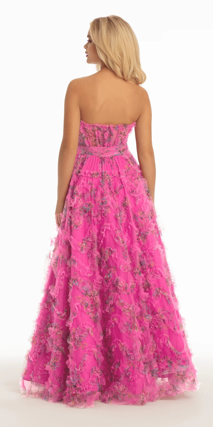 pink/size/4/missy/ Camille La Vie/ Floral Tulle Corset Ballgown with Waist Tie/back