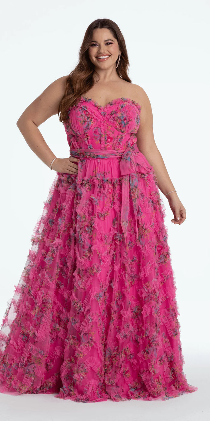 pink/size/14/plus/ Camille La Vie/ Floral Tulle Corset Ballgown with Waist Tie /front