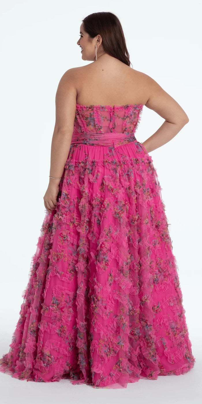 pink/size/14/plus/ Camille La Vie/ Floral Tulle Corset Ballgown with Waist Tie/back
