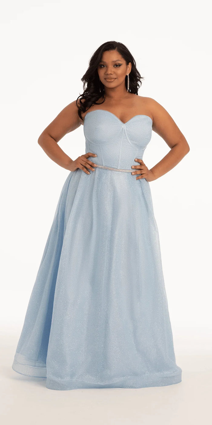 light-blue/size/14/plus/Camille La Vie/Glitter Corset Ballgown with Crystal Waistband/front