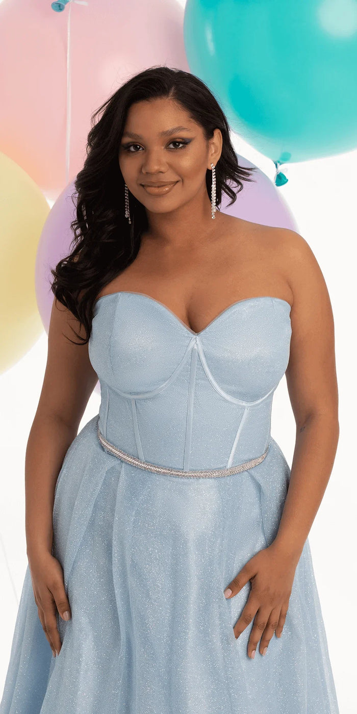 light-blue/size/14/plus/Camille La Vie/Glitter Corset Ballgown with Crystal Waistband/front alt