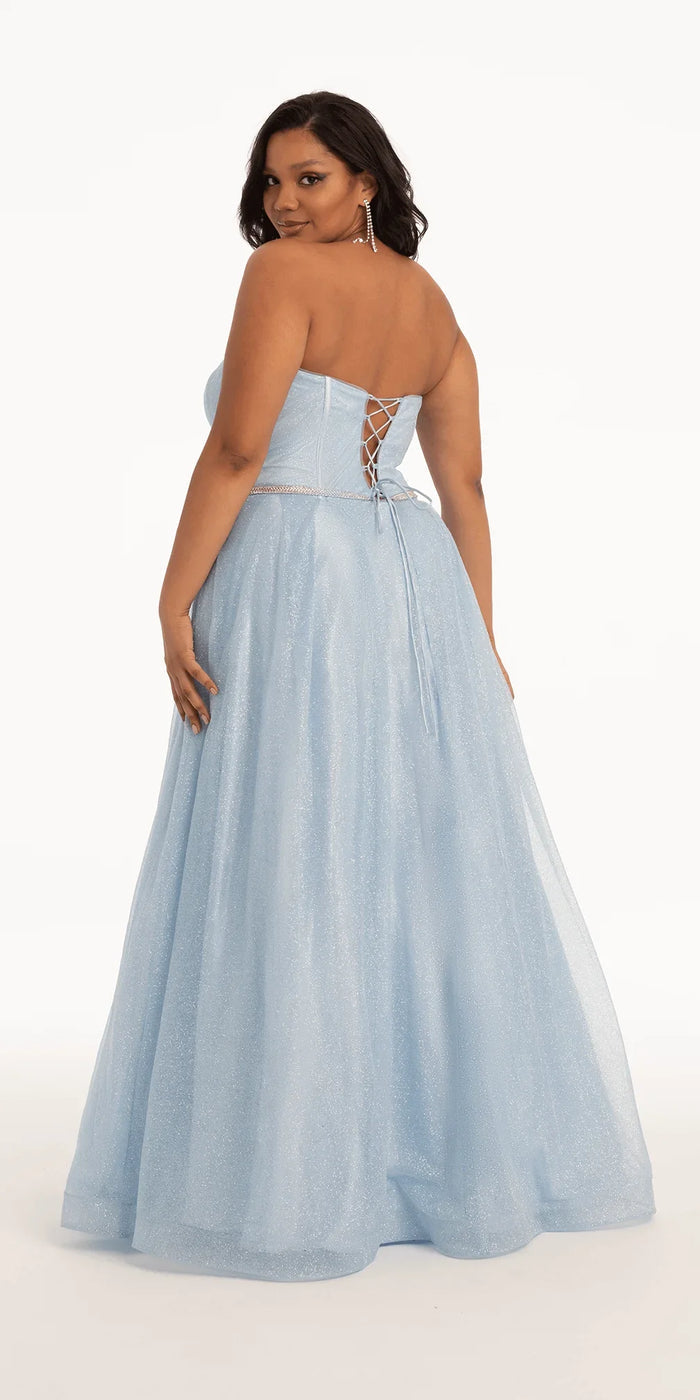 light-blue/size/14/plus/Camille La Vie/Glitter Corset Ballgown with Crystal Waistband/back