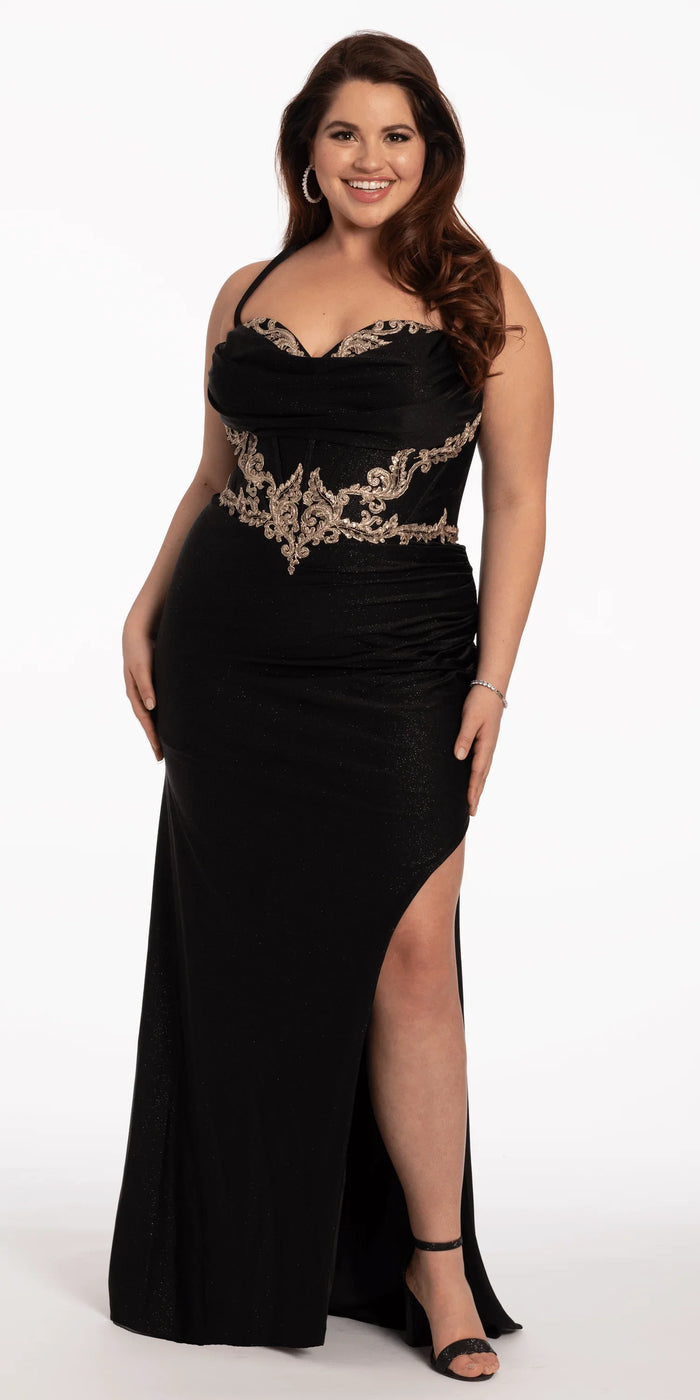 black-gold/size/14/plus/Camille La Vie/Glitter Knit Lace Up Back Dress with Side Slit/front