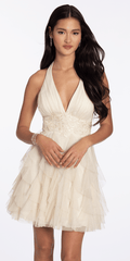 maize/size/4/missy/ Camille La Vie/Glitter Mesh Halter Fit and Flare Dress with Embroidered Waist /front