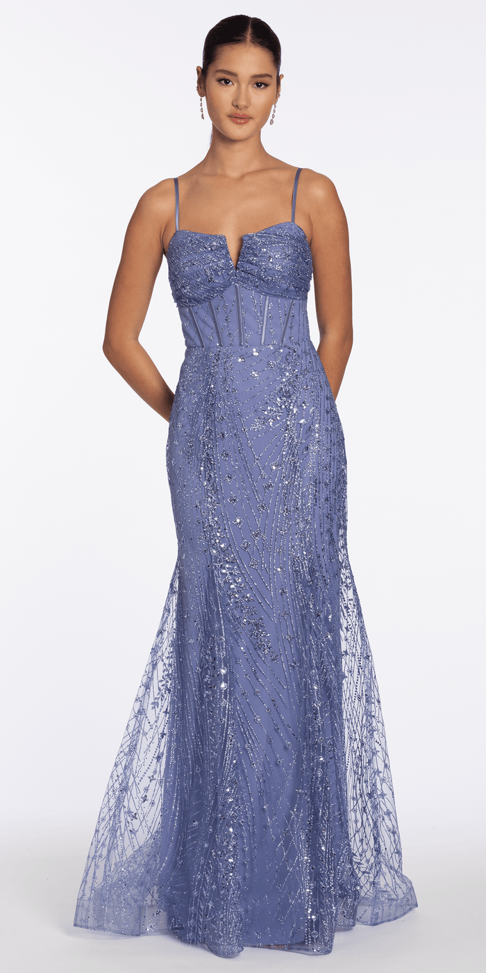 periwinkle/size/4/missy/Camille La Vie/Glitter Mesh Notch Sweetheart Corset Trumpet Dress/front alt