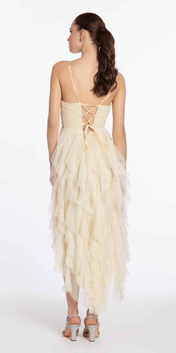 Glitter Mesh Scoop Pleated Empire High Low Dress with Tendrils - Camille La Vie