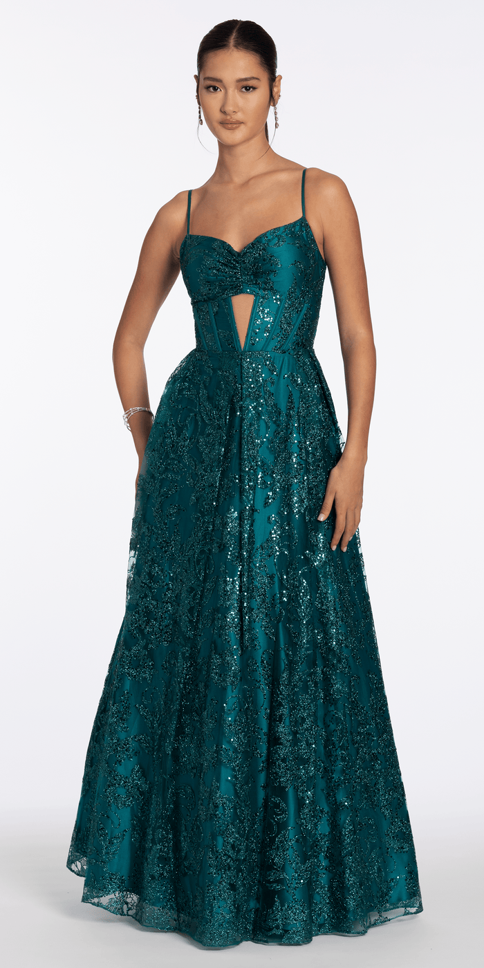teal/size/4/missy/Camille La Vie/Glitter Mesh Sweetheart Corset Ballgown with Pocket/front